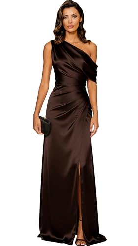 Pleated Satin Bridesmaid Dress with Slit Brown One Shoulder Mermaid Prom Dresses Long Elegant Off Shoulder Formal Evening Gowns for Women