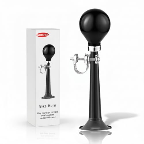 WHTCHSU Bike Horn for Adults, Classic Metal Squeeze Clown Horn, Loud Sound, Fits All Bicycle Handlebars（Black Straight 7.87-Inch）