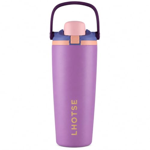 Image of LHOTSE Gym Water Bottle 30oz - Leak Proof Lock Lid, Matte Metallic Finish, Carry Handle, Durable Stainless Steel, Perfect for Workout & Sports (Dark Lavender, 900 ML)