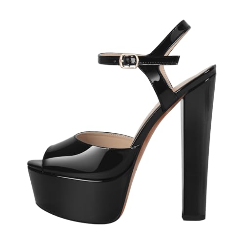 LISHAN Sexy High Heel Peep-Toe Platform Sandals Chunky Heels with Adjustable Ankle Strap Patent Leather Sling back Summer Shoes
