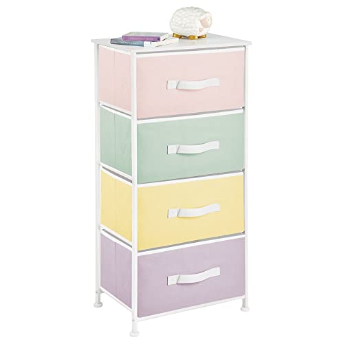 mDesign Storage Dresser Furniture Unit - Tall Baby and Kid Standing Organizer Tower for Bedroom, Nursery, Playroom, and Closet - 4 Drawer Removable Fabric Bins - Multi-Color/White