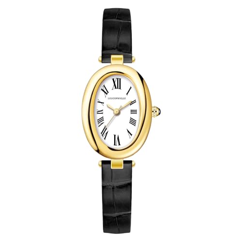 LEUCOPHYLLU Womens Fashion Small Gold Oval Quartz Watches Vintage Leather Band Waterproof Luxury Casual Ladies Bracelet Wrist Watch (Black)
