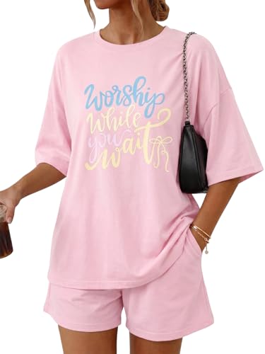 Image of 2 Piece Sets for Women Christian Tshirts Oversized Top Loose Fit Shorts with Pockets