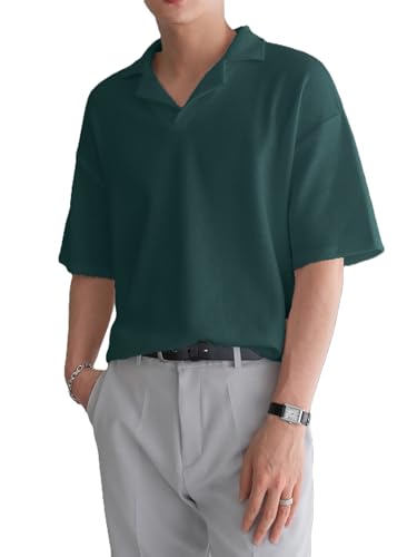 Image of Men's Textured Waffle Knit Polo T-Shirt | Relaxed Fit Half Sleeve Collared Tee | Soft Breathable Casual Summer T-Shirt