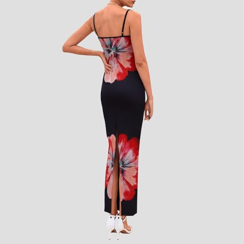 Image of Womens Summer Casual Floral Dresses Spaghetti Strap Bodycon Maxi Beach Dress Elegant Evening Party Long Dresses (US, Alpha, Medium, Regular, Regular, Black Apricot)