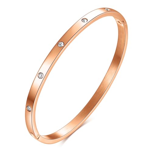 MYNENEY Rose Gold/Gold/Silver Titanium Stainless Steel Pave Cubic Zironia Simulate Diamond Stackable Oval Hinged Bangle Bracelet 6.5-7.5Inch (4mm-Crystal Rose Gold, 7.5 Inch)