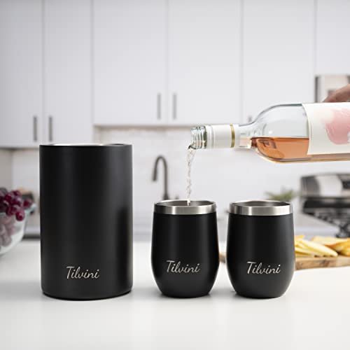 Insulated Wine Chiller Bucket & Wine Tumblers Silk Gift Box Set. Portable Bottle Cooler With Wine Cups. Entertaining Essentials Kitchen Wine Gift For Couples. 12Oz Metal Stemless Wine Glass With Lid #TOP7