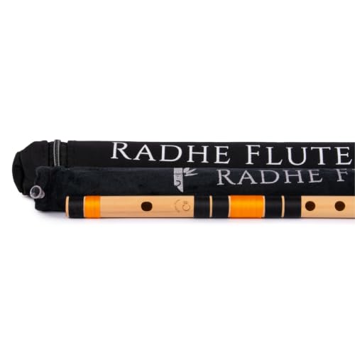 Image of Radhe Flutes Bamboo Bansuri C Sharp Right Handed Middle Octave (18 inch) With Hard Cover (Beige Flute With Black & Orange Threads)