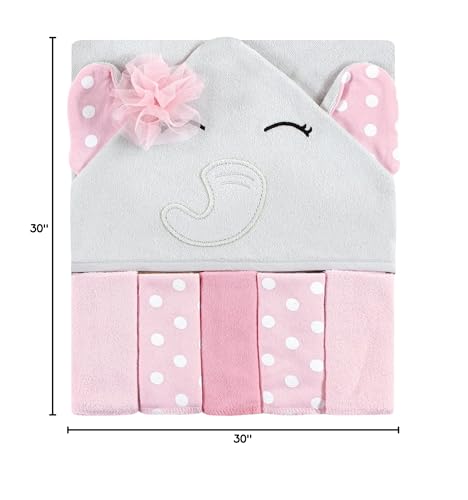 Image of Hudson Baby Unisex Baby Hooded Towel and Five Washcloths, White Dots Pretty Elephant, One Size