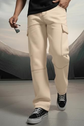 Image of Veirdo Men's Cargo Pants | Relaxed Fit Utility Trousers with Multi Pockets | Casual Streetwear Cotton Bottoms - Beige, Black & Grey| Sizes: S to XXL