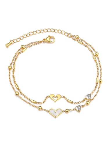 Image of AllerPierce Gold Anklet Bracelet for Women, Adjustable Layered Women’s CZ Heart Anklets Bracelet, Stainless Steel Foot Chain Waterproof Beach Anklet Summer Jewellery Gifts for Women Girls