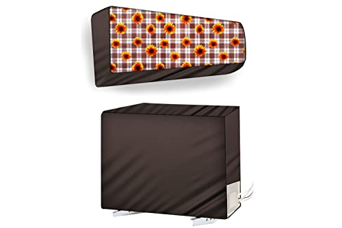 Image of The Furnishing Tree Split AC cover for indoor and outdoor unit of 2 ton waterproof and dustproof Brown Check and floral pattern