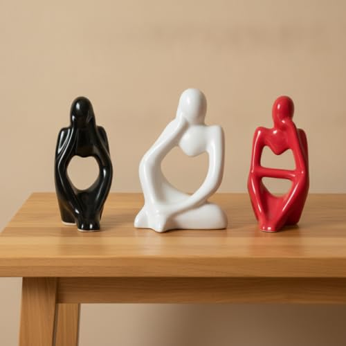 Image of Ceramic Thinker Statue Set of 3 (5 inch Inch) | Abstract Modern Human Figurines | Showpieces for Home Decor, Living Room, Office Desk & Bookshelf | Housewarming Gift, White, Black, Red