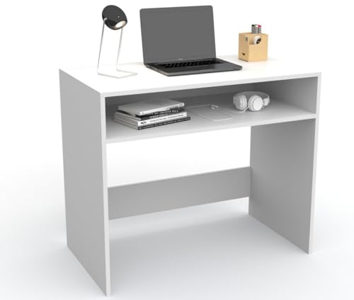 DORMIDAN- Escritorio Estudio con balda, Mesa de Ordenador, Mesa Juvenil 90cm (Blanco)