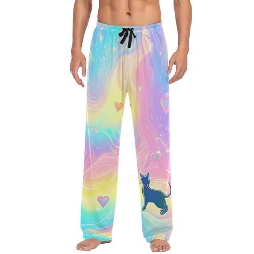 ALAZA Cute Cats Rainbow Hearts Marble Men’s Pajama Pants Soft Long Sleep Pants Lounge Pajama Bottoms with Pockets