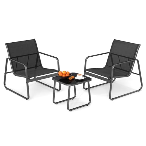 GOPLUS Salon de Jardin 2 Personnes,3Pcs Table Basse avec 2 Fauteuils Jardin，Salon de Bistrot avec Cadre Métallique, pour Jardin, Balcon, Piscine (Noir)