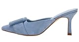 VETASTE Women's Heeled Mules Pointed Toe Suede Buckle Slip On Sandals Kitten Heels Party Wedding Shoes Light Blue