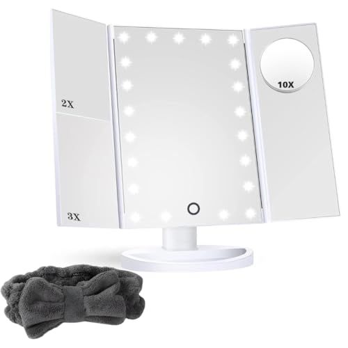 EMINENZA Set Espejo Tocador + Diadema Turbante, Espejo Maquillaje con Luz, Espejo Tocador con Luz LED para Maquillarse, Incluye 3 Aumentos y Espejo Accesorio, Espejo para Maquillarse con Luz