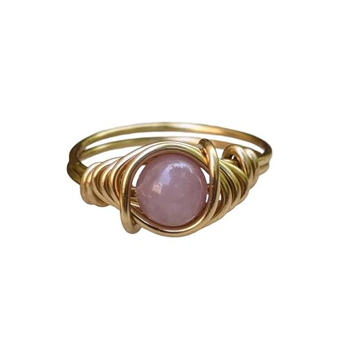 Rose Quartz Ring Wire Wrapped Crystal Jewelry for Taurus and Libra Zodiac Signs (Solid Gaux Gold, 4.5)