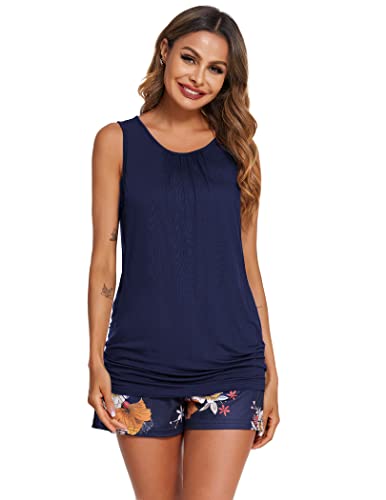 Ekouaer Sleeveless Maternity Women Top Nursing Pajamas Set Side Ruched Maternity Pj Set Nursing Pjs Set For Pregnant Wear Floral Navy Blue M #TOP2