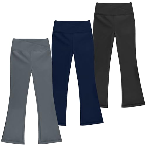 BIG ELEPHANT Girls Flare Leggings with Pockets, Crossover High Waist Bell Bottom Yoga Pants for Dance & Everyday Wear