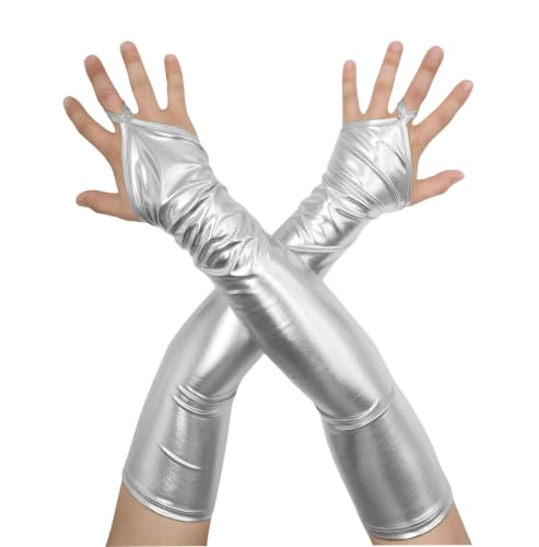 Aniler Mens and Womens Shiny Metallic Costume Wet Look Gloves 19 Length Fingerless Halloween Cosplay 1980s Party Gloves (Silver Free Size)