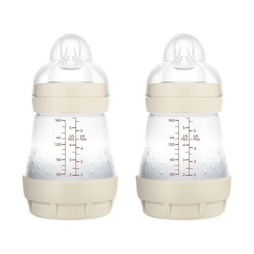 MAM Pack 2 Biberones Anticólicos, Recién Nacido, 0-2 Meses, 160ml, con Tetina 1 Flujo Lento de Fácil Aceptación, Autoesterilizable y Fácil de Limpiar, MAM Easy Start Anti-Colic, Neutro Mate, 2uds