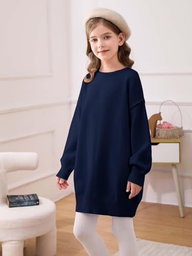 Image of Haloumoning Girls Sweater Dress Casual Crewneck Knit Long Sleeve Fall Winter Dress Pullover 5-14Y