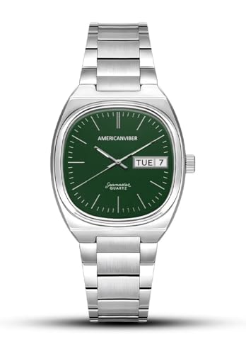Image of AMERICANVIBER Men's Stainless Steel Classic Analog Watch, Casual & Business, with Cushion Case Dial and Day-Date Display