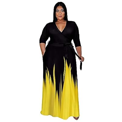 Runwind Plus Size Maxi Dress for Curvy Women Flowy Wrap with Pockets