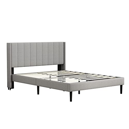 Jiuzhou Wood Upholstered Platform Bed Frame With Wingback Headboard/Wooden Slats Support/No Box Spring Needed/Easy Assembly (Grey, Full) #TOP3
