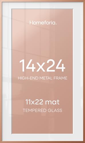 Image of Homeforia 14x24 Picture Frame Rose Gold, High End Metal 14x24 Poster Frames with Mat 11x22 Photo, 14 x 24 Rose Gold Frame Matted to 11 by 22 Print, 24x14 Thin Frame, Tempered Glass, Wall Kit, Set of 1