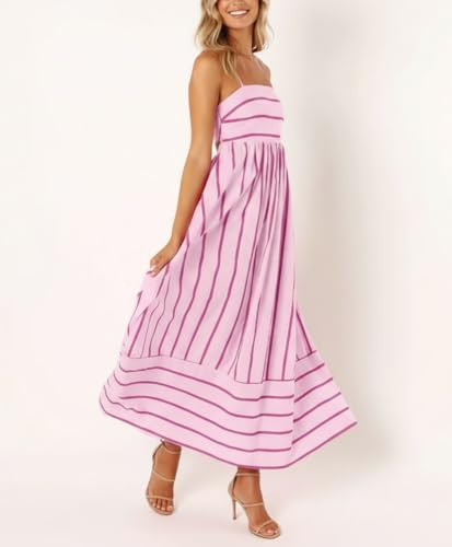 Image of chouyatou Women's Striped Back Smocked Maxi Dress Sexy Spaghetti Strap Cut Out Flowy Swing Long Dress