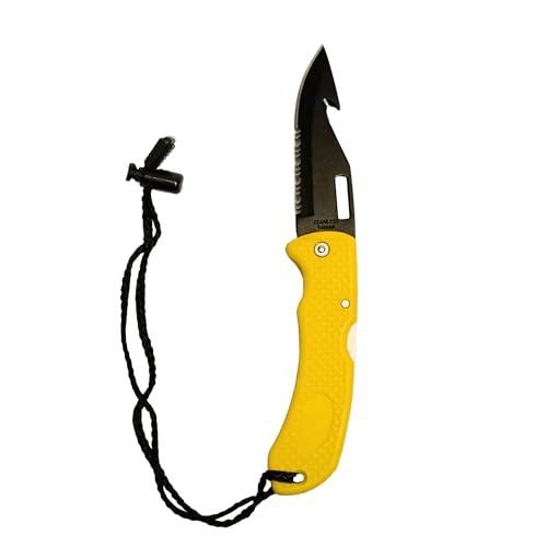 Scuba Choice Foldable BCD Knife with Yellow Handle and Black Blade Point Tip for Scuba Diving - Stainless Steel Blade, Compact Durable Diving Knife with Clip & Lanyard - Made in Taiwan