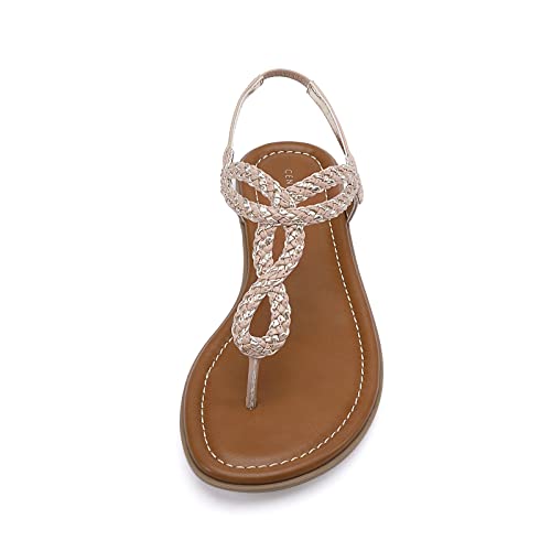 Centropoint Women's Braided T-Strap Thong Slip On Flat Sandals With Elastic Brand Roman Gladiator Fashion Flip Flop Shoes(Beige Pu, Numeric_8) #TOP4