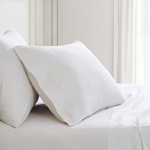 Image of Martha Stewart - Full Size Sheets Set, Crisp & Tailored Cooling Sheets with a Smooth Cotton Percale Lightweight Feel - Bed Sheets with Matching Pillowcases & Fitted Sheet (Lilly Pond Leaf Pink)