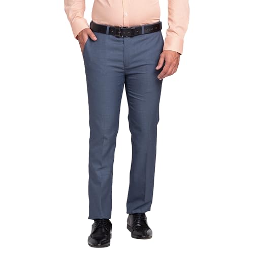Image of Park Avenue Men's Mid Rise Checks Pattern Super Slim Fit Polyester Blend Flat Front Formal Trouser