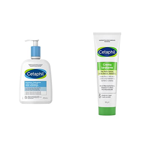 Cetaphil, Emulsione Detergente Fluido, Crema Viso e Corpo Idratante per Pelle Sensibile, 470 ml & Crema Idratante Viso e Corpo per uso frequente, Idratazione intensa 100 g