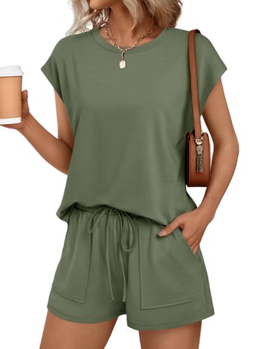Image of AUTOMET Womens Crew Neck Two Piece Short Sets Cap Sleeve Drawstring Summer Sweatsuit with Pocket