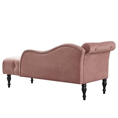 KIVENJAJA Velvet Chaise Lounge Indoor, 60” Tufted Upholstered Lounge Chair with Pillow & Left Rolled Arm Nailhead Trim for Bedroom Living Room Office, Rose