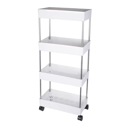 Image of Multipurpose 4-Tier Storage Shelf, Storage Rack with Wheels, Storage Organizer Cart for Kitchen, Pantry Closet, Bedroom, Bathroom(4 Layer, White)