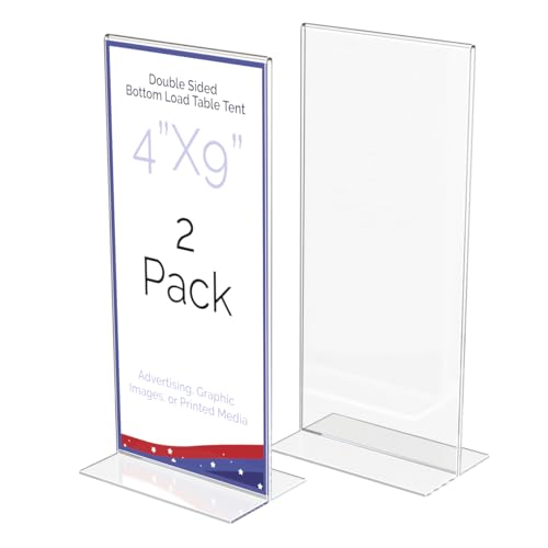 2 Pack Sign Holder 4 x 9 Inch Tall Double Sided Clear Acrylic Rack Card Frame for Countertops Vertical Literature Menu Pricing Deli Bottom Loading Table Tent Display by Marketing Holders