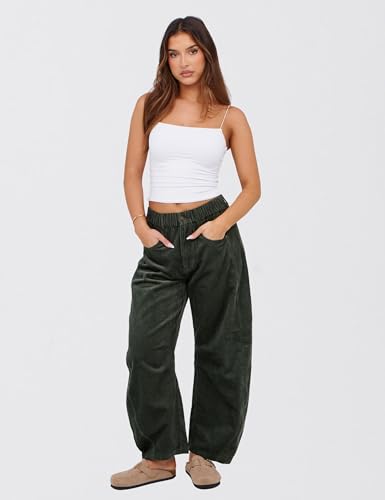 SeekMe Women's Corduroy Pants Barrel Mid-Rise Elastic Waist Cord Pants Casual Wide Leg Baggy Trouser with Pockets2