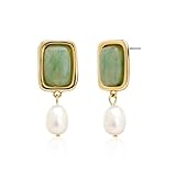Sonateomber Gold Chunky Aventurine Dangle Drop Earrings for Women,Vintage Statement Pearl Square Green Natural Gemstone Healing Dangling Earings Prom Wedding Accessories Fashion Jewelry Gift