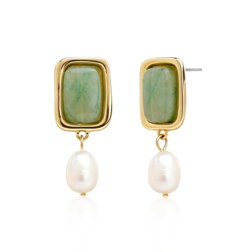 Sonateomber Gold Chunky Aventurine Dangle Drop Earrings for Women,Vintage Statement Pearl Square Green Natural Gemstone Healing Dangling Earings Prom Wedding Accessories Fashion Jewelry Gift