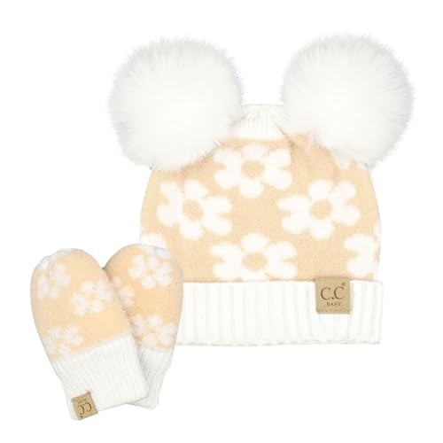 C.C. Baby Daisy Double Knit Skully Beanie and Gloves Set for Toddler with Faux Fur Pom Pom