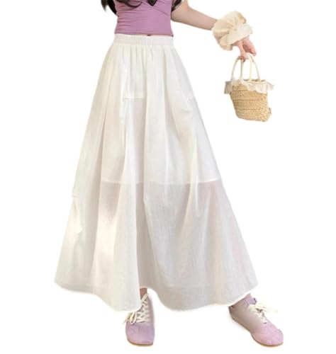 Pulcykp Women Summer Solid Pleated Midi Skirt Elastic Waist A-Line Umbrella Skirt Boho Beach Vacation Skirts