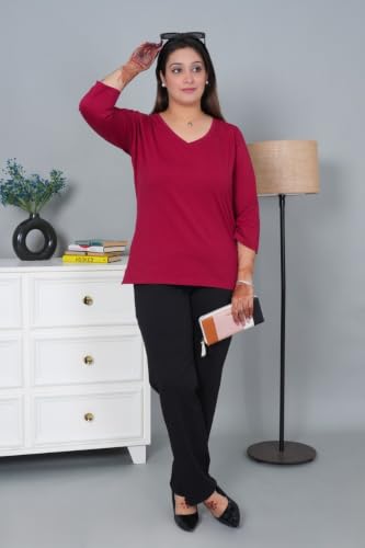 Image of Mlada V-Neck Cotton 3 /4th Sleeves Tshirt for Women | Stretchable Regualr Fit Solid Cotton Tshirts | Casual 3 /4th Sleeves Tshirts for Women Office Wear | Solid Round Neck Tshirt
