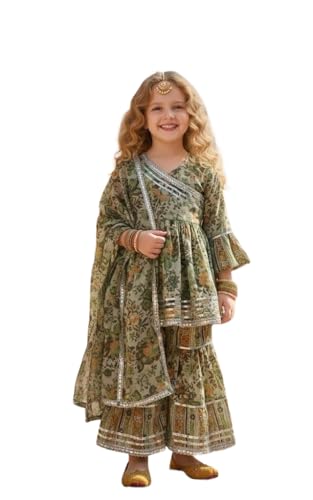 A.T.U.N. (ALL THINGS UBER NICE) Girls Ethnic 100% Cotton Printed Kurti, Sharara Dupatta Set | Soft Breathable Fabric Traditional Outfit | Flared Sharara Design Indian Festive Clothing Set for Kids