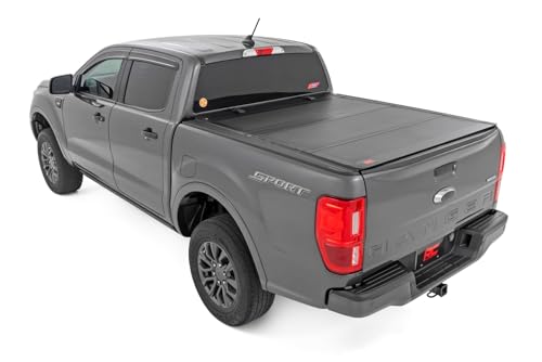 Image of Rough Country Hard Flip Up Truck Bed Cover for Ford Ranger (2019-2023) - Fits 5' (61 inch) Bed, Weather-Resistant, Tri-Fold Aluminum Panels